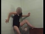 Girl at home dancing on bed gives a peek of her bush